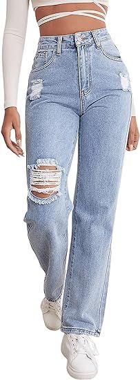 SweatyRocks Women's High Waist Straight Leg Jeans Ripped Distressed Denim Pants | Amazon (US)