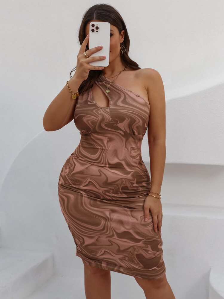 Plus Random Marble Print One Shoulder Cut Out Ruched Bodycon Dress | SHEIN