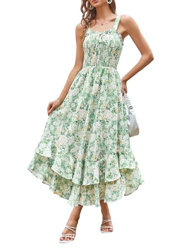 GRACE KARIN Women's 2025 Summer Floral Boho Dress Square Neck Strapped Swing A Line Sundress Beach Long Maxi OutfitsGreen White L | Amazon (US)