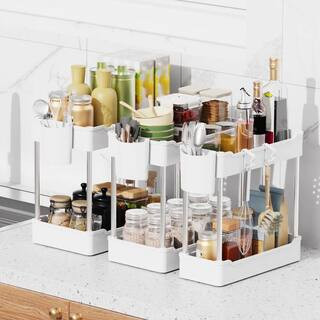 2 Tier Under Sink Organizer Shelf with Hanging Cups for Kitchen and Bathroom Storage in White 3-Pack | The Home Depot