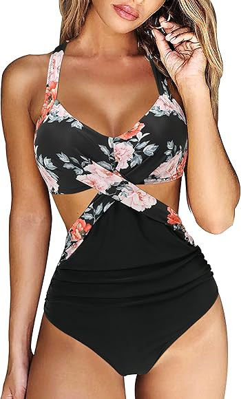 RXRXCOCO Women Front Cross Cutout One Piece Swimsuit Tummy Control High Waisted Monokini Bathing ... | Amazon (US)