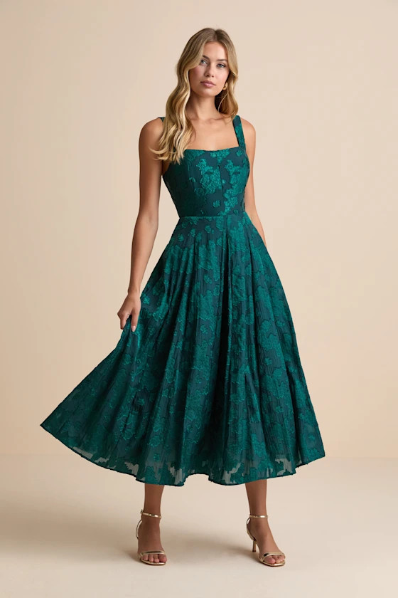 Loira Emerald Burnout Jacquard Lace-Up Midi Dress | Lulus