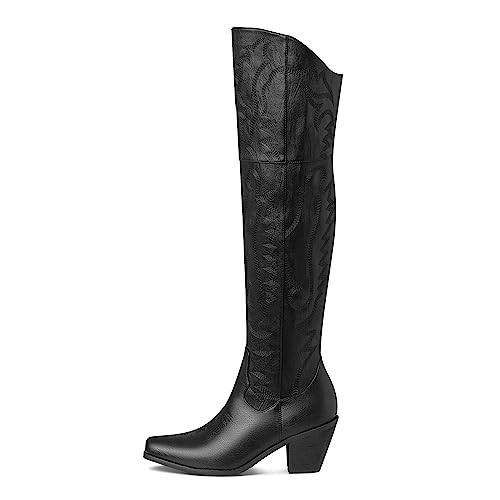Tarkwa Womens Knee High Cowgirl Boots Thigh High Cowboy Boots Pointed Toe Embroidered Western Over the Knee Tall Cowboy Boots,Black,Women's Size 7 | Amazon (US)