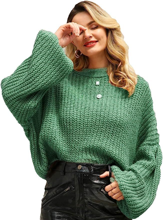 Simplee Women's Oversized Cropped Sweater Lantern Long Sleeve Loose Knit Pullover Sweater | Amazon (US)