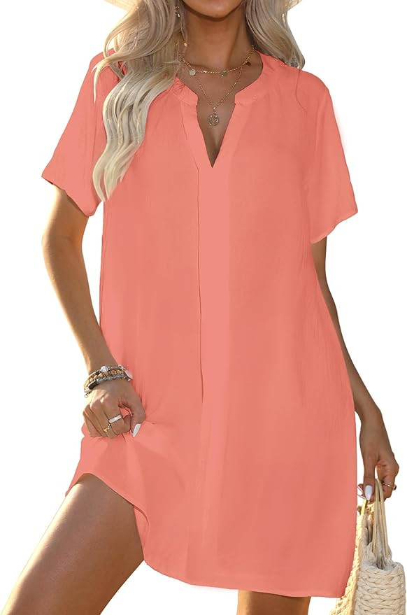 Halife Women's Swimsuit Cover Up Shirt V Neck Short Sleeve Bathing Suit Coverups Summer Beach Cov... | Amazon (US)