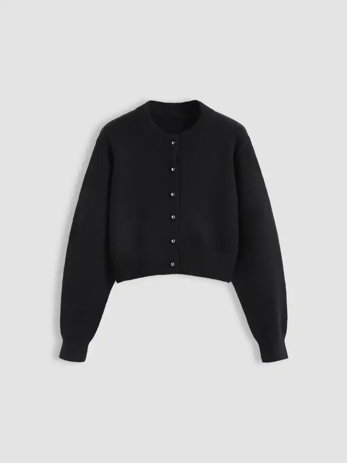 Preppy Knit Fabric Knit Round Neckline Solid Button Cardigan | Cider