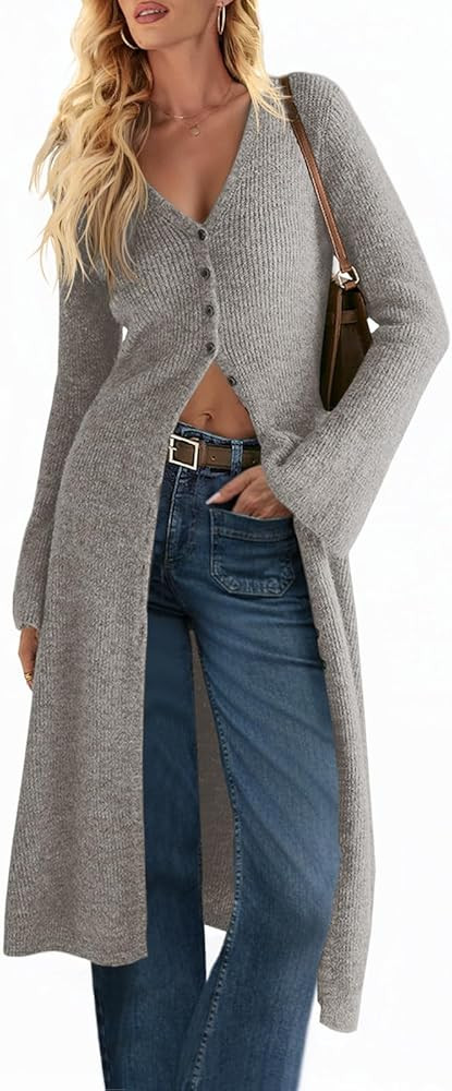 Saodimallsu Womens Long Cardigan Sweaters Oversized Bell Sleeve Open Front Button Down Casual Kni... | Amazon (US)