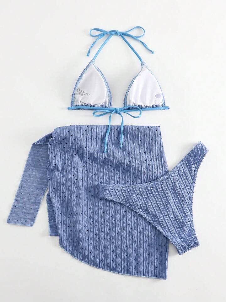 Solid Halter Triangle Bikini Set With Beach Skirt | SHEIN