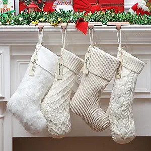 4 Pcs Neutral Christmas Stockings Set, 20'' Farmhouse Rustic Plush Faux Fur & 18'' Cream White Ca... | Amazon (US)