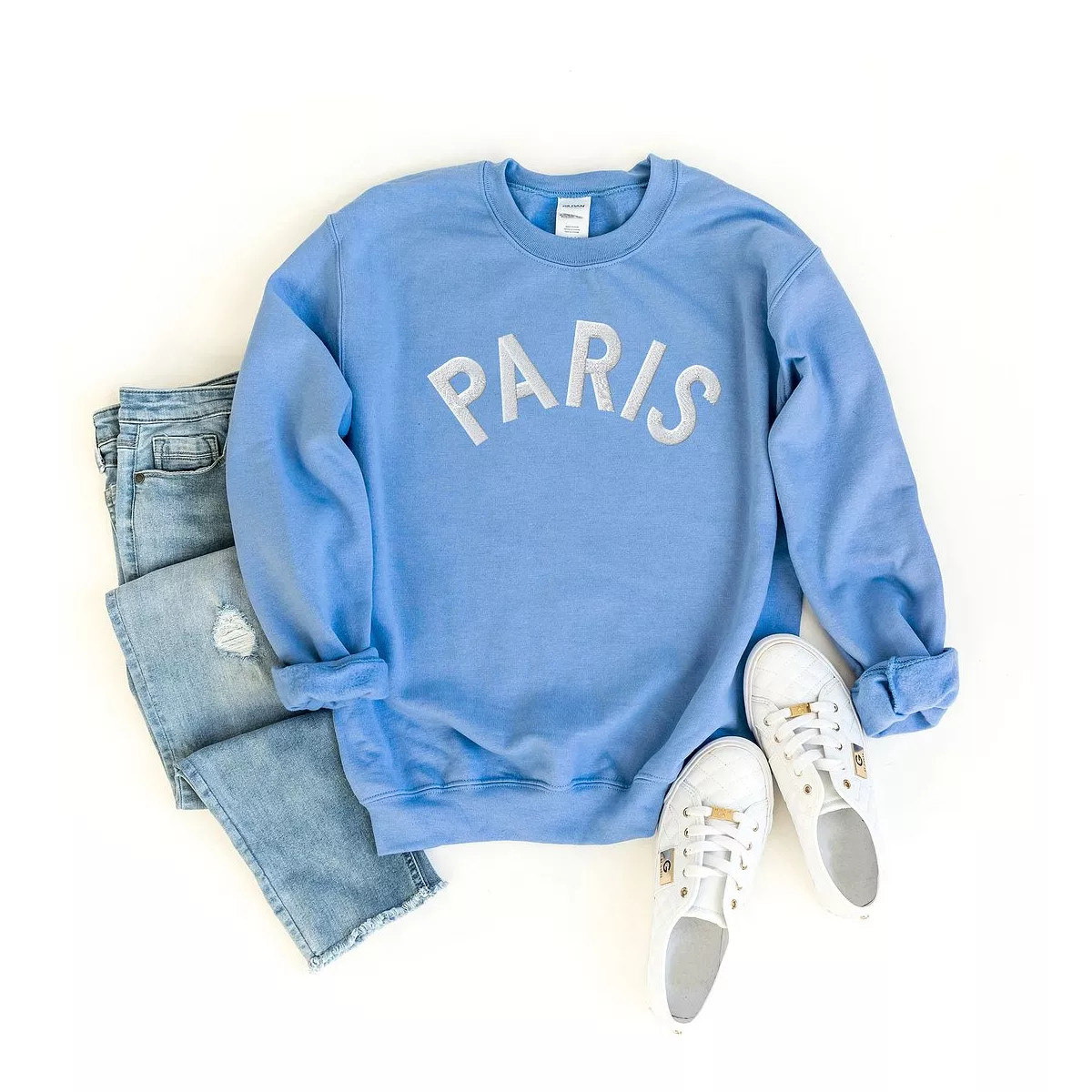 Simply Sage Market Women's Graphic Sweatshirt Embroidered Paris Arched - L - Carolina Blue | Target