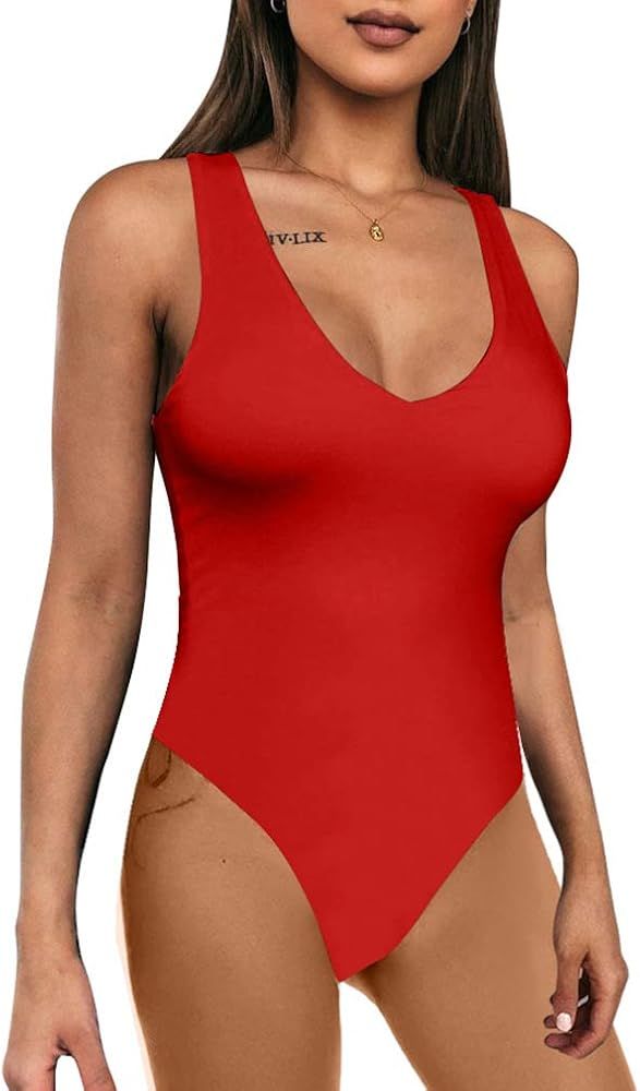 LAGSHIAN Women's Sexy Bodycon Basic V Neck Sleeveless Party One Piece Leotrad Bodysuit | Amazon (US)
