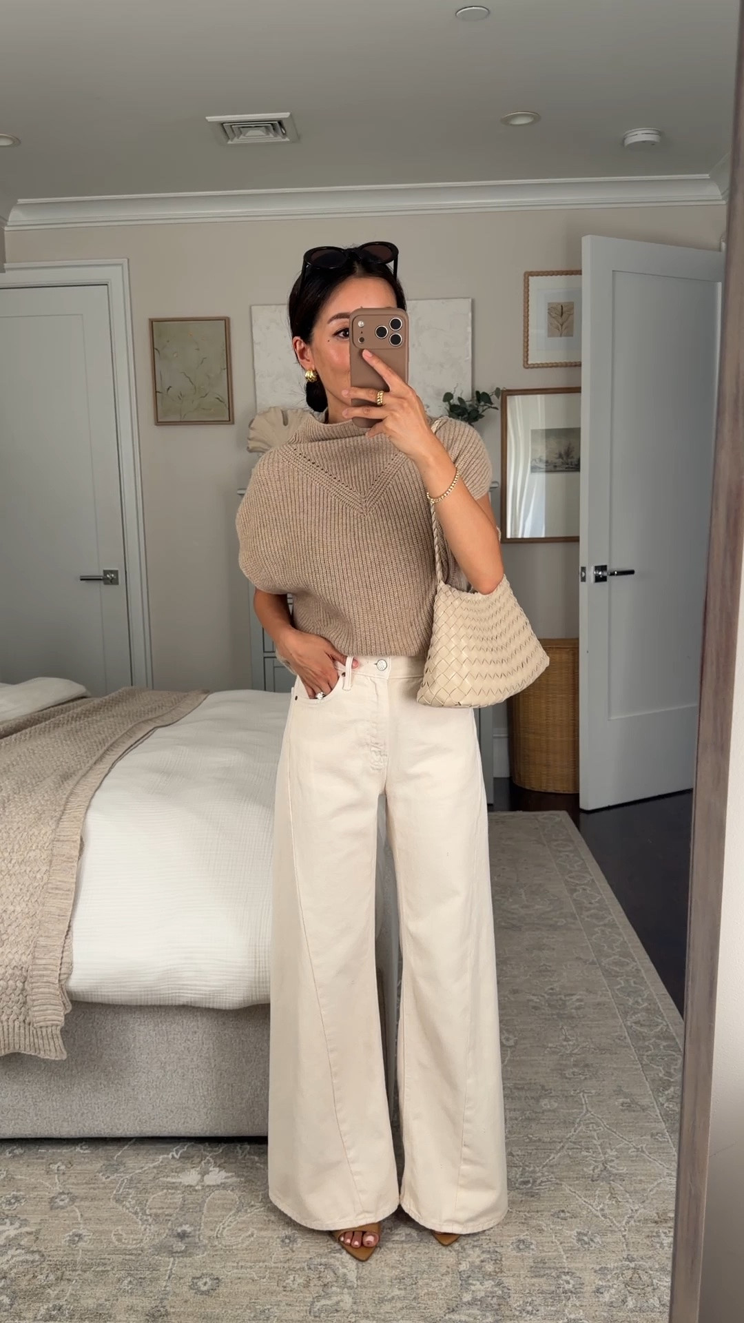 Runs big! Size down 
• Mother Lemon Twist Jeans size 23 Petite, go 1 size down at the waist 
• Cashmere poncho sweater vest xxs looser fit 
• Woven shoulder bag with liner 
• Mango sandal heels 5 

Petite friendly jeans, petite fashion, transitional outfit

#LTKPetite #LTKootd #LTKmomlife