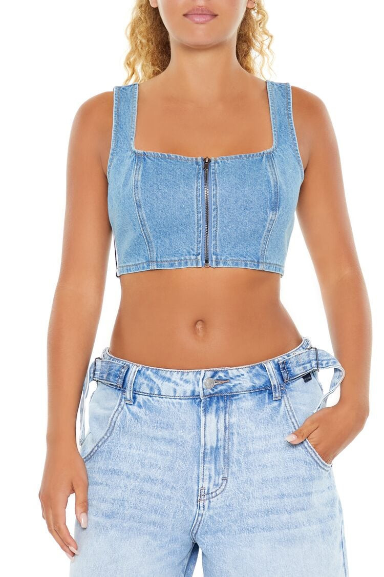 Women's Varsity-Striped Denim Crop Top in Medium Denim, XS | Forever 21