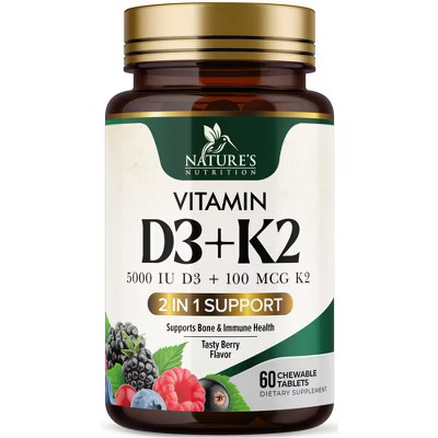 Vitamin D3 5000 IU with K2 100 mcg | K2 MK-7 with D3 Vitamin Supplement, Immune, Heart, Joint, Teeth & Bone Health, 60 Tablets By Nature's Nutrition | Target