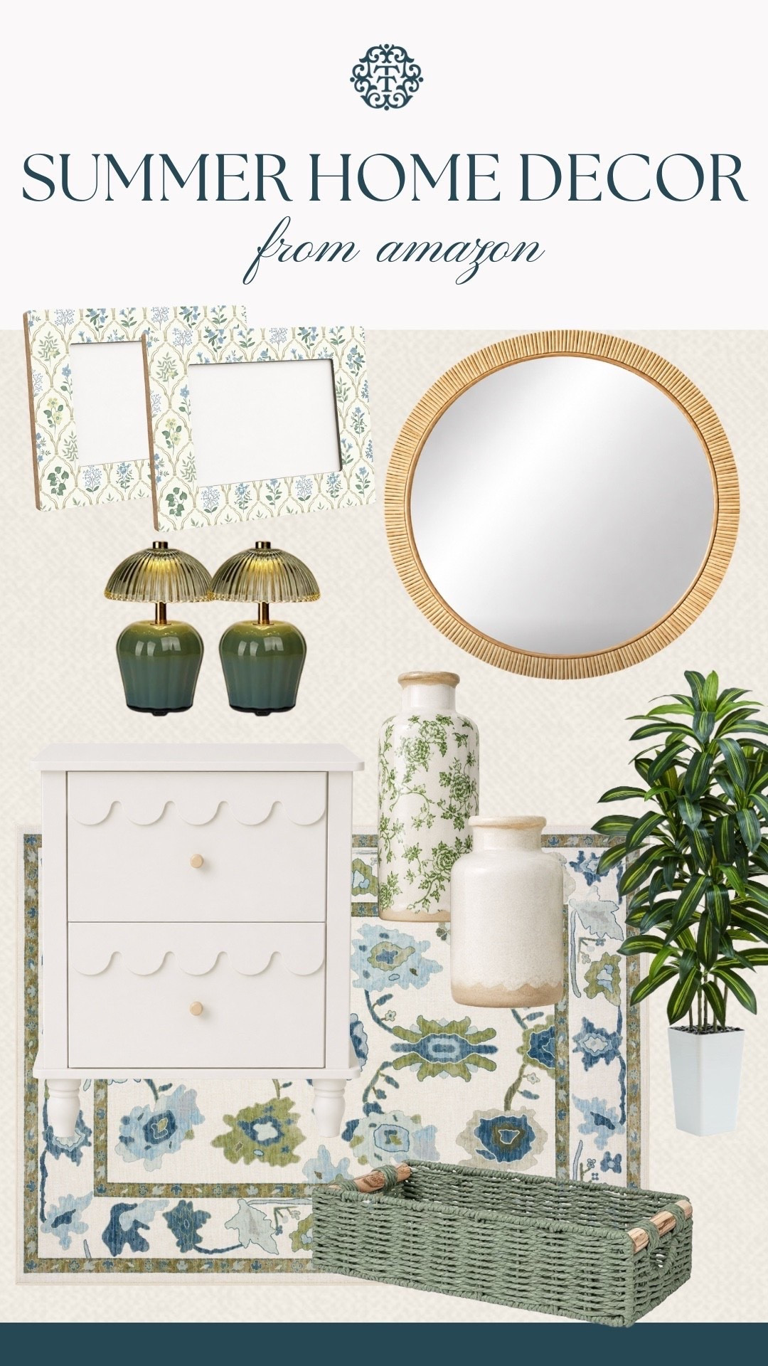We picked some of our favorite summer home decor finds from Amazon. The mix of sage green, blue, cream, and natural textures feels so fresh for the season. The floral frames, woven mirror, patterned rug, and scalloped nightstand would be so pretty for a bedroom refresh, entryway, or cozy living space.

#LTKHome #LTKSeasonal