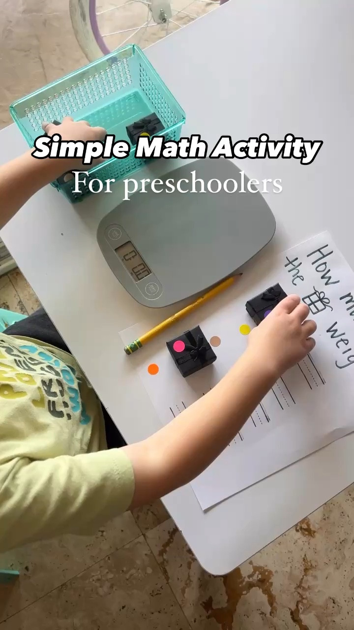 Using real tools with preschool aged kids is like magic so busting out the kitchen scale really caught his interest for this STEM activity of measuring gifts. I focused more on recognizing and writing numbers than the actual unit of measurement, but you could do that for older kids. 

#LTKSeasonal #LTKKids #LTKHoliday