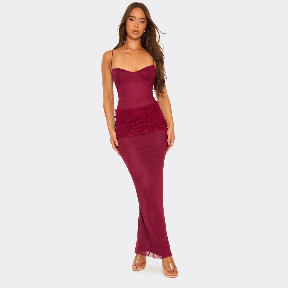 Strappy Cupped Contrast Lace Draped Panel Detail Maxi Dress In Burgundy | EGO (UK)