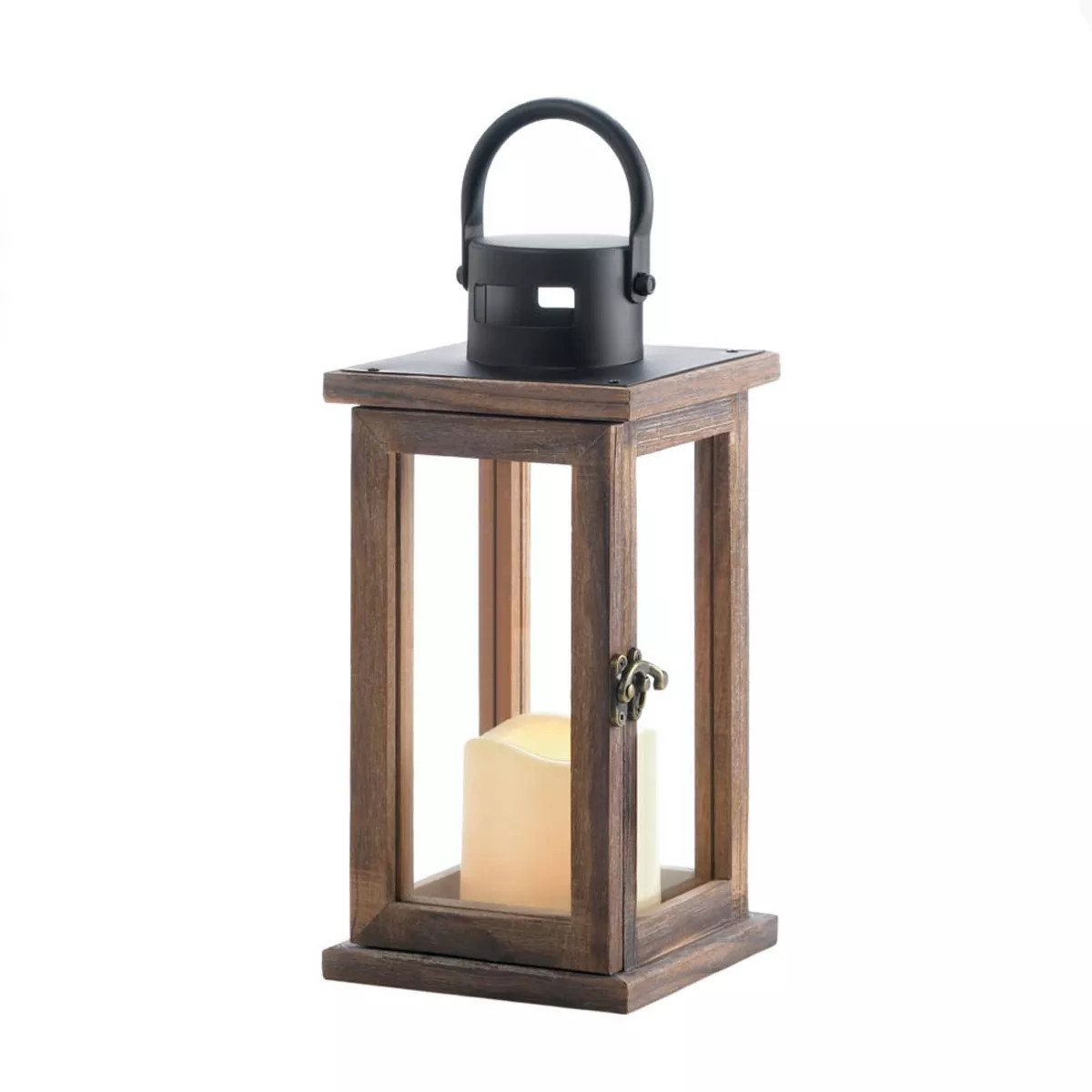7.1" Wood Lodge Outdoor Lantern with LED Candle Brown - Zingz & Thingz | Target