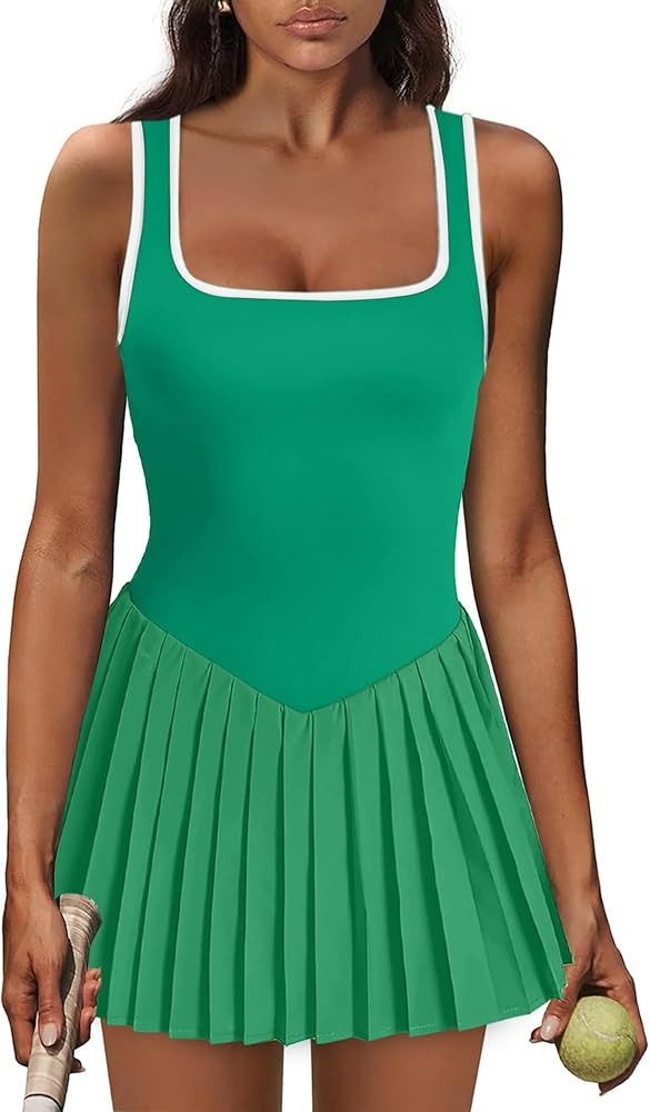 Athletic Dress for Women Built in Shorts U Neck Womens Tennis Dress Pleated with Pockets Sleevele... | Amazon (US)