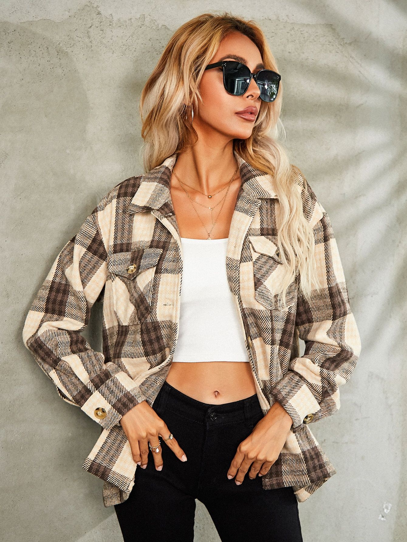 Button Front Patch Pocket Plaid Coat | SHEIN