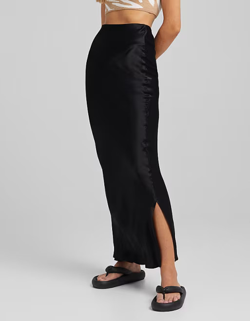 Bershka satin midi skirt in black | ASOS | ASOS (Global)