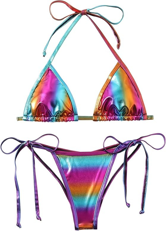 Balasami Women's Liquid Metallic Rainbow Bikini Sets Shiny String Padded Triangle 2 Pieces Swimsu... | Amazon (US)
