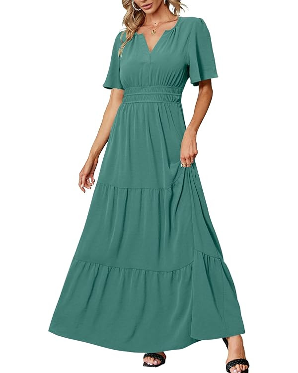 Amegoya Women's Summer Boho Maxi Dresses Casual V Neck Short Sleeve A-line Empire Waist Long Flow... | Amazon (US)