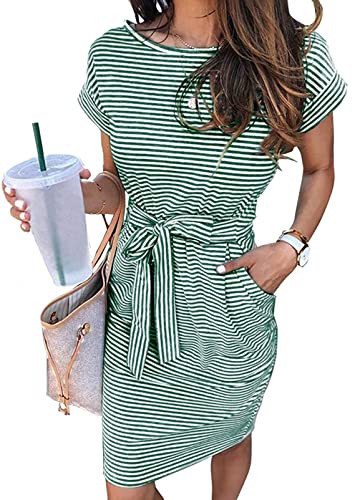 MEROKEETY Women's Summer Striped Short Sleeve T Shirt Dress Casual Tie Waist with Pockets DarkGreen | Amazon (US)