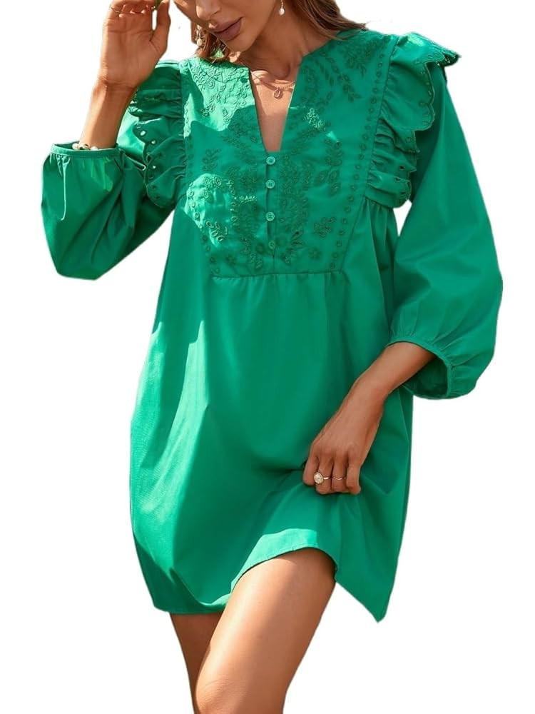 Embroidery Ruffle Trim Bishop Sleeve Dress High Waist Party Short Dress Women's | Amazon (US)