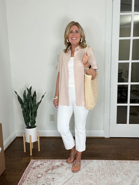 Linen blend button up shirt. Lots of color options. White stretchy pants. Run snug. Size up one!
Discount code for pants: CINDYXSPANX

#LTKover40 #LTKfindsunder50 #LTKSeasonal