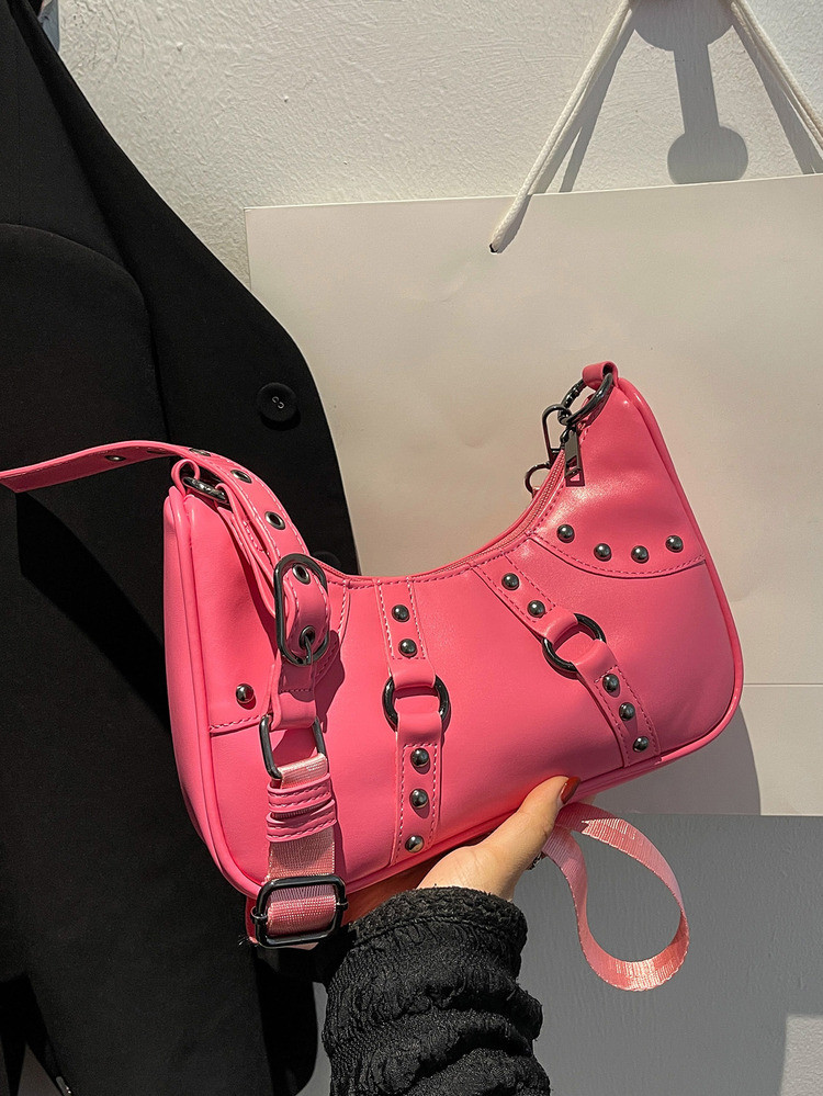 Neon-Pink Ring & Studded Decor Hobo Bag | SHEIN