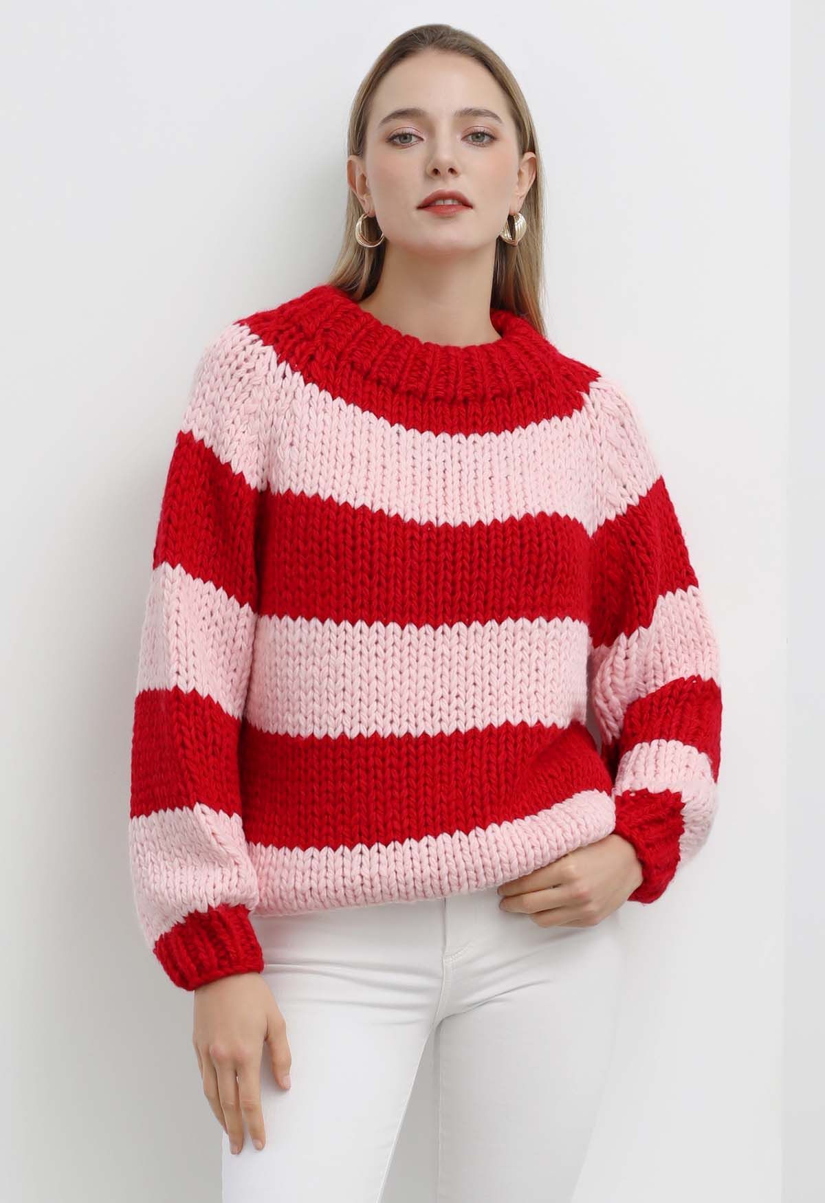 Festive Striped Chunky Hand Knit Sweater | Chicwish