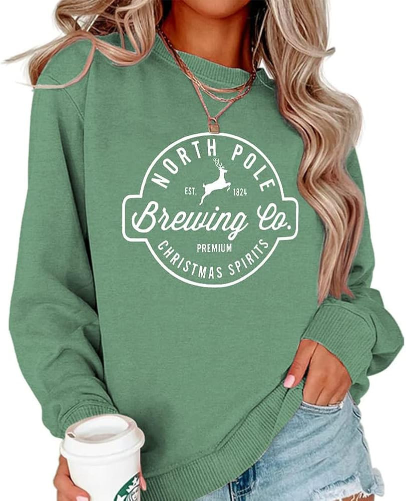 Women Christmas Sweatshirt Crewneck Xmas Pullover Tops Brewing Co North Pole Letter Graphic Holid... | Amazon (US)