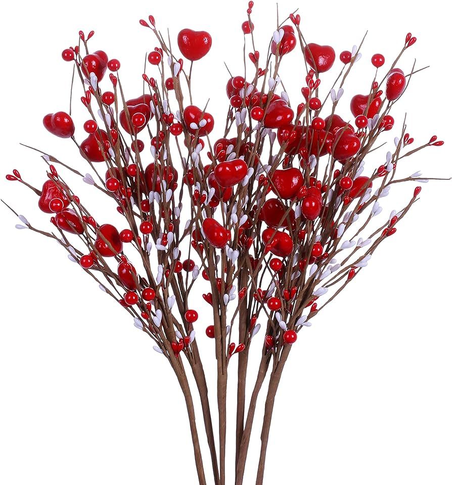 jinghong Valentine’s Day Gifts,6 Pcs Artificial Red Berry Flower Stems Heart Shaped Berry Picks... | Amazon (US)