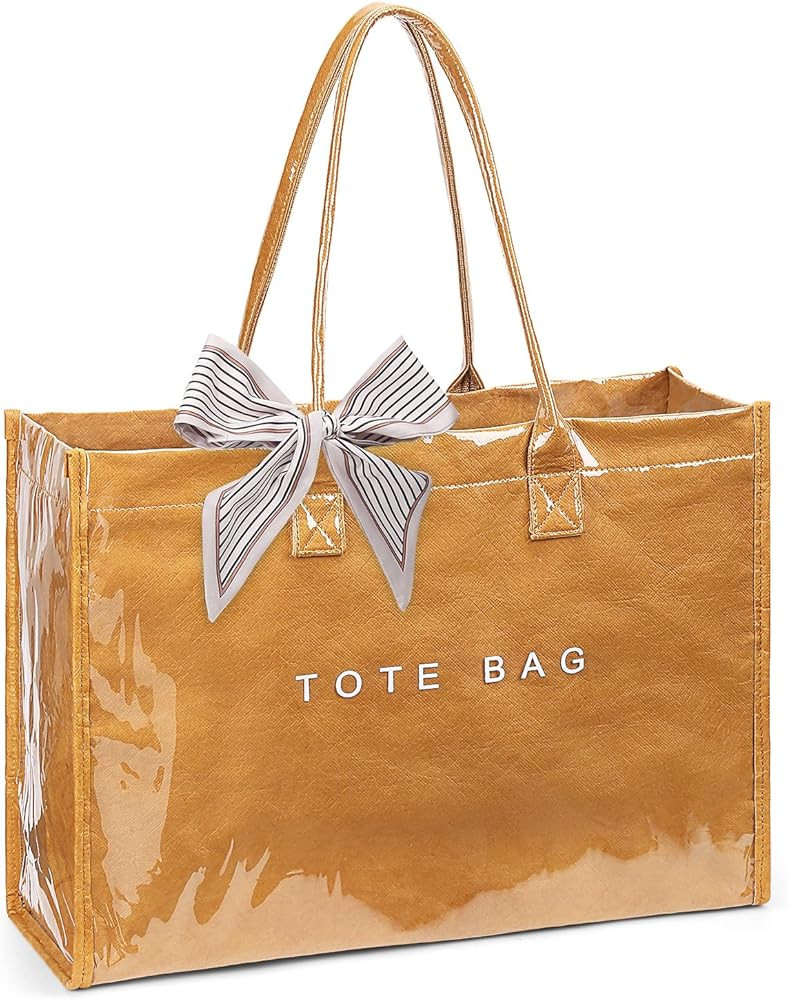 Lushandy PVC Tote Bag for Women, Large Plastic Tote Purse Work Kraft Paper Letter Print Shoulder ... | Amazon (US)