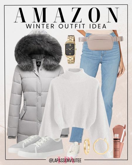 Amazon's winter allure: Wrap up in a cozy coat over a chic sweater, paired with classic jeans and stylish shoes. Accessorize with a sleek watch, a trendy belt bag, and add a touch of glam with the perfect lipstick and statement earrings. Winter sophistication, delivered.

#LTKstyletip #LTKHoliday #LTKSeasonal