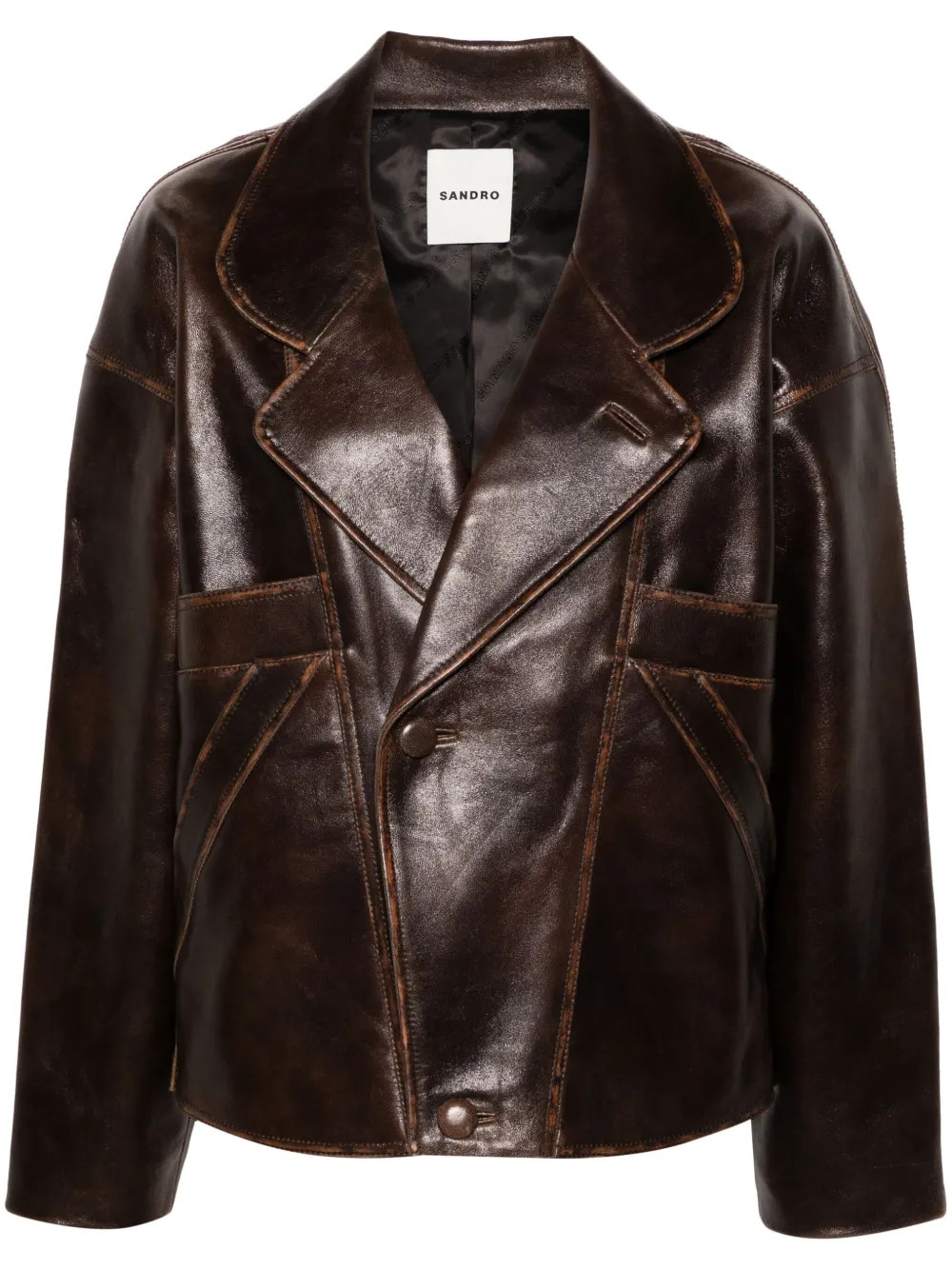 SANDRO Oversized Leather Jacket | Brown | FARFETCH | Farfetch Global