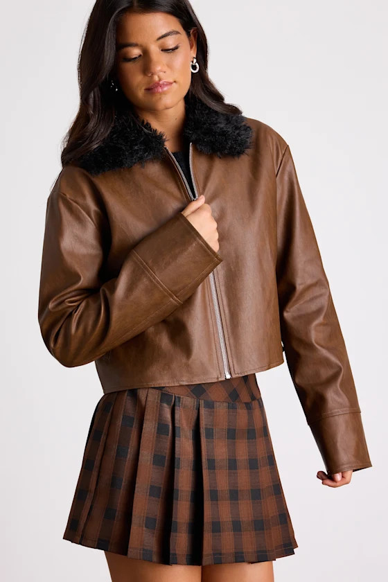 Valencia Brown Vegan Leather Faux Fur Jacket | Lulus