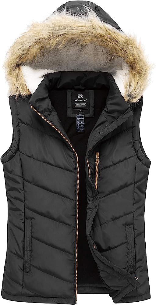wantdo Women's Thicken Winter Vest Warm Puffer Vest with Removable Fur Hood | Amazon (US)