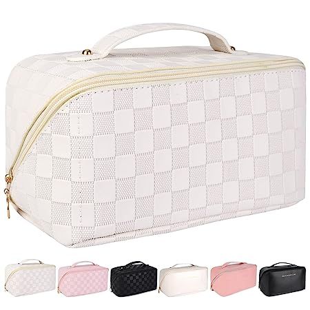 Travel Makeup Bag for Women Large Capacity Cosmetic Bag Waterproof White Checkered Portable PU Le... | Amazon (US)
