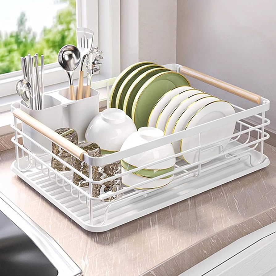 Warmiehomy White Dish Drainer Rack Dish Drying Rack Dish Rack with Removable Drip Tray, Draining ... | Amazon (UK)