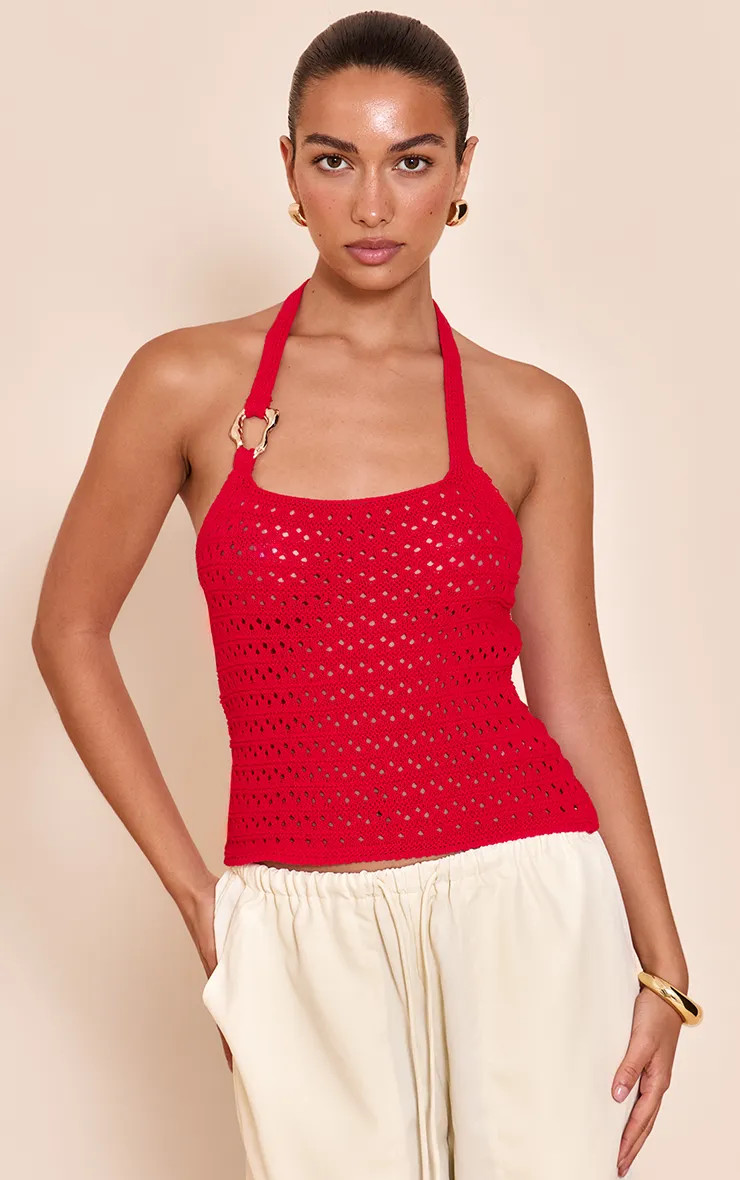 Tops | Red Crochet Trim Detail Halter Top | PrettyLittleThing | PrettyLittleThing UK