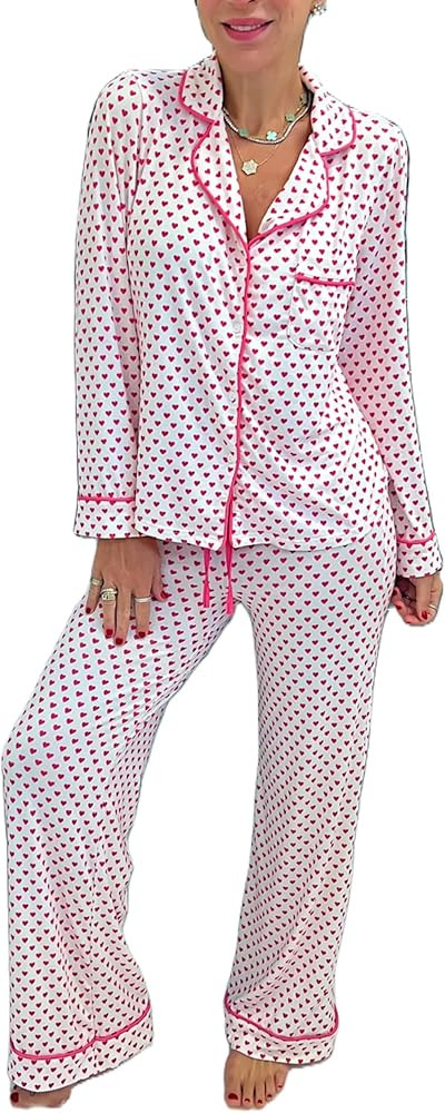 Juakoso Valentine's Day Pajamas Sets Women Cute Pink Heart Print Pjs Sets Shirt Top Pants 2 Piece... | Amazon (US)