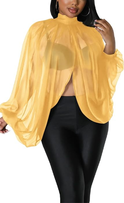 Sexy Tops for Women Party Club Night Batwing Sleeve Chiffon Sheer Self Tie Back Front Open Women ... | Amazon (US)