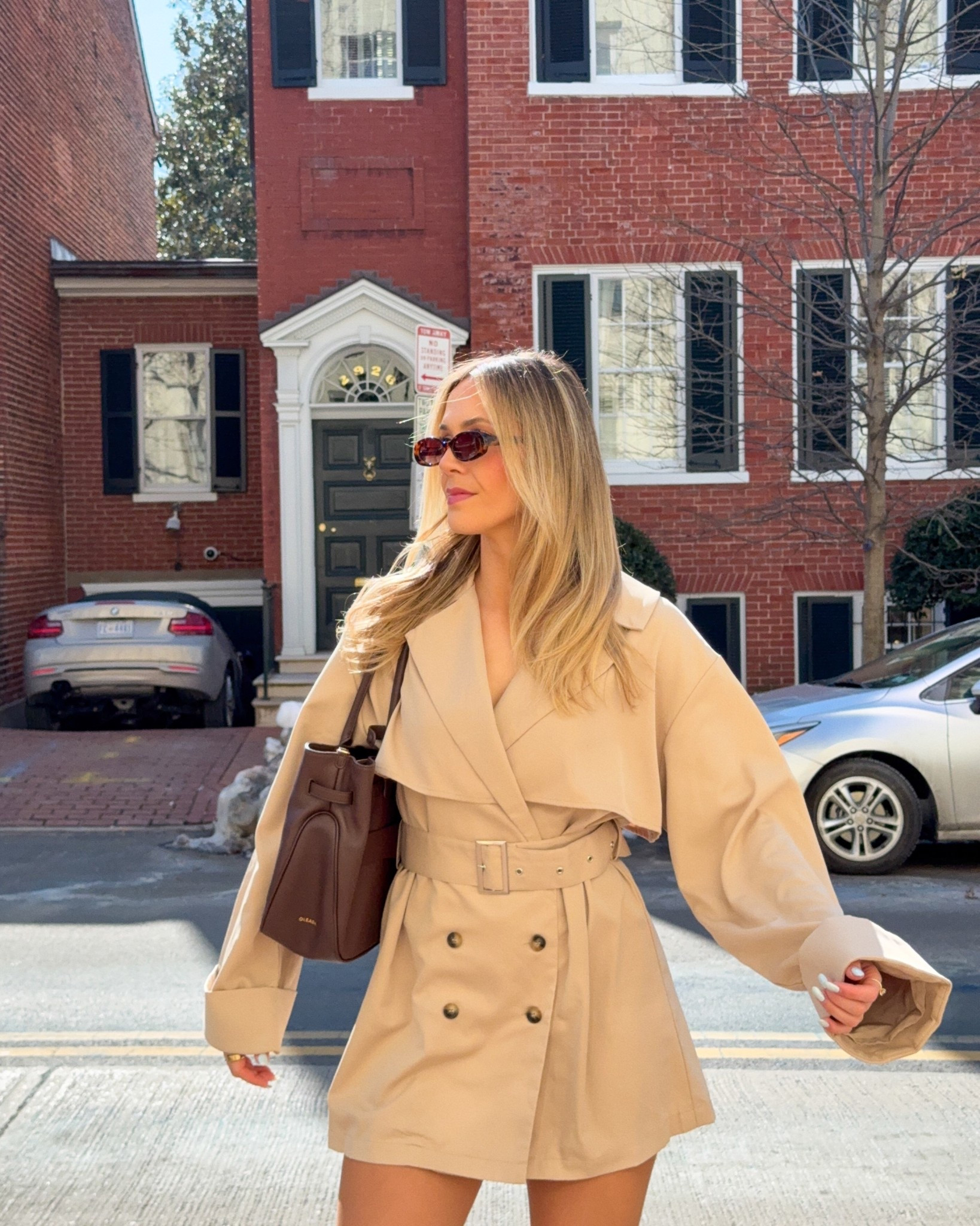 Love this trench coat dress, brown leather work bag & sunnies! I got medium in the dress but def should’ve done small (so go true to size or size down 1x if you’re between sizes!) // BAG discount code PEYTONOL for 15%off 

#LTKootd #LTKSeasonal #LTKTall