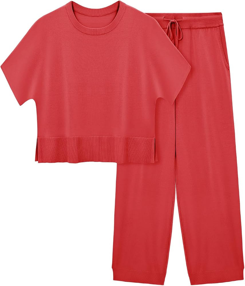Fisoew Womens 2 Piece Outfits Sweater Sets Crop Tops And Pants Lounge Sets | Amazon (US)
