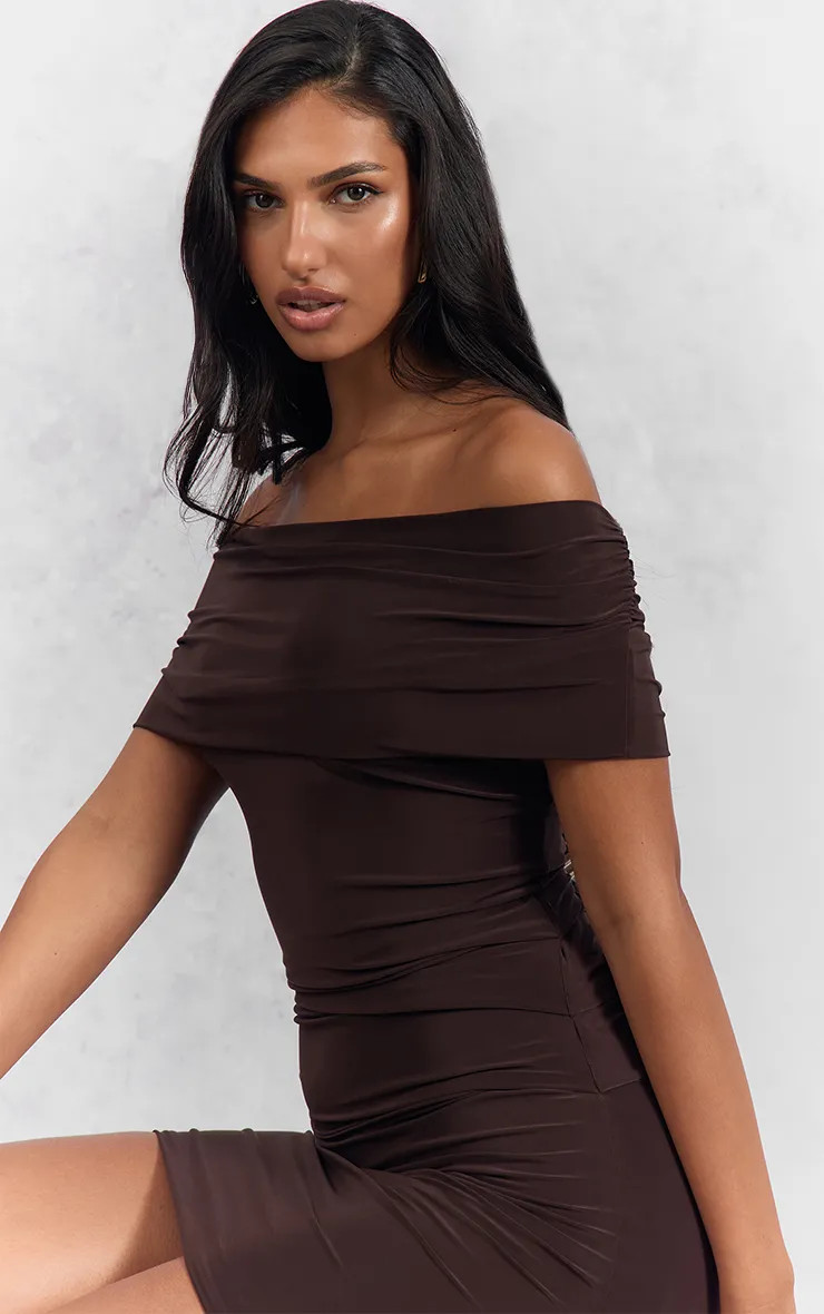 Brown PrettyLittleThing Chocolate Slinky Off The Shoulder Mini Bodycon Dress | Boohoo | Boohoo.com (UK & IE)