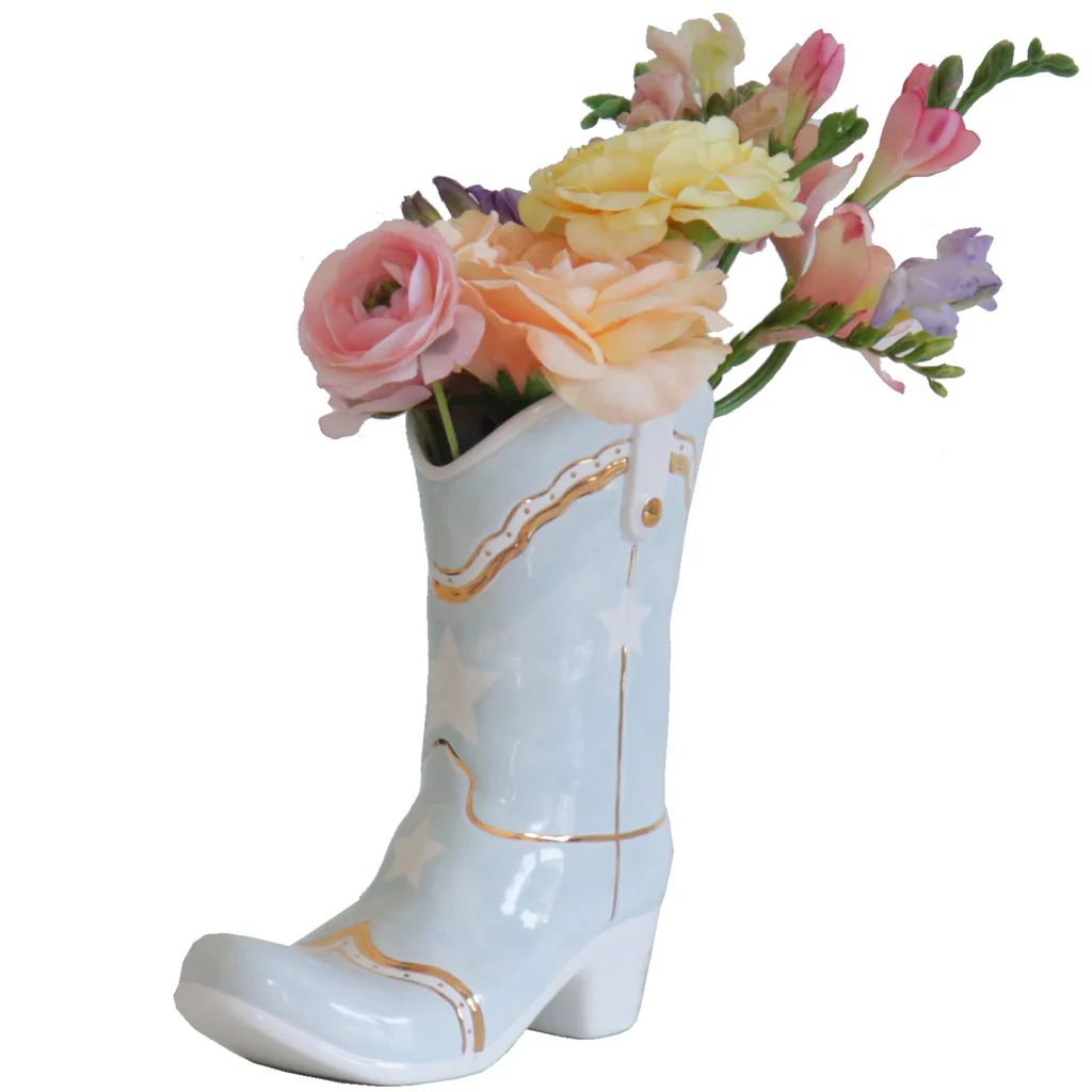 Cowboy Boot Vase with Stars for Lo Home x Katey McFarlan in Light Blue | Lo Home by Lauren Haskell Designs