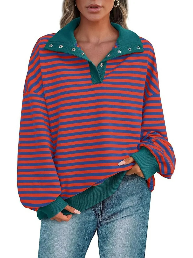 PRETTYGARDEN Women's Oversized Striped Sweatshirts Spring Fall Trendy Casual Long Sleeve Button U... | Walmart (US)