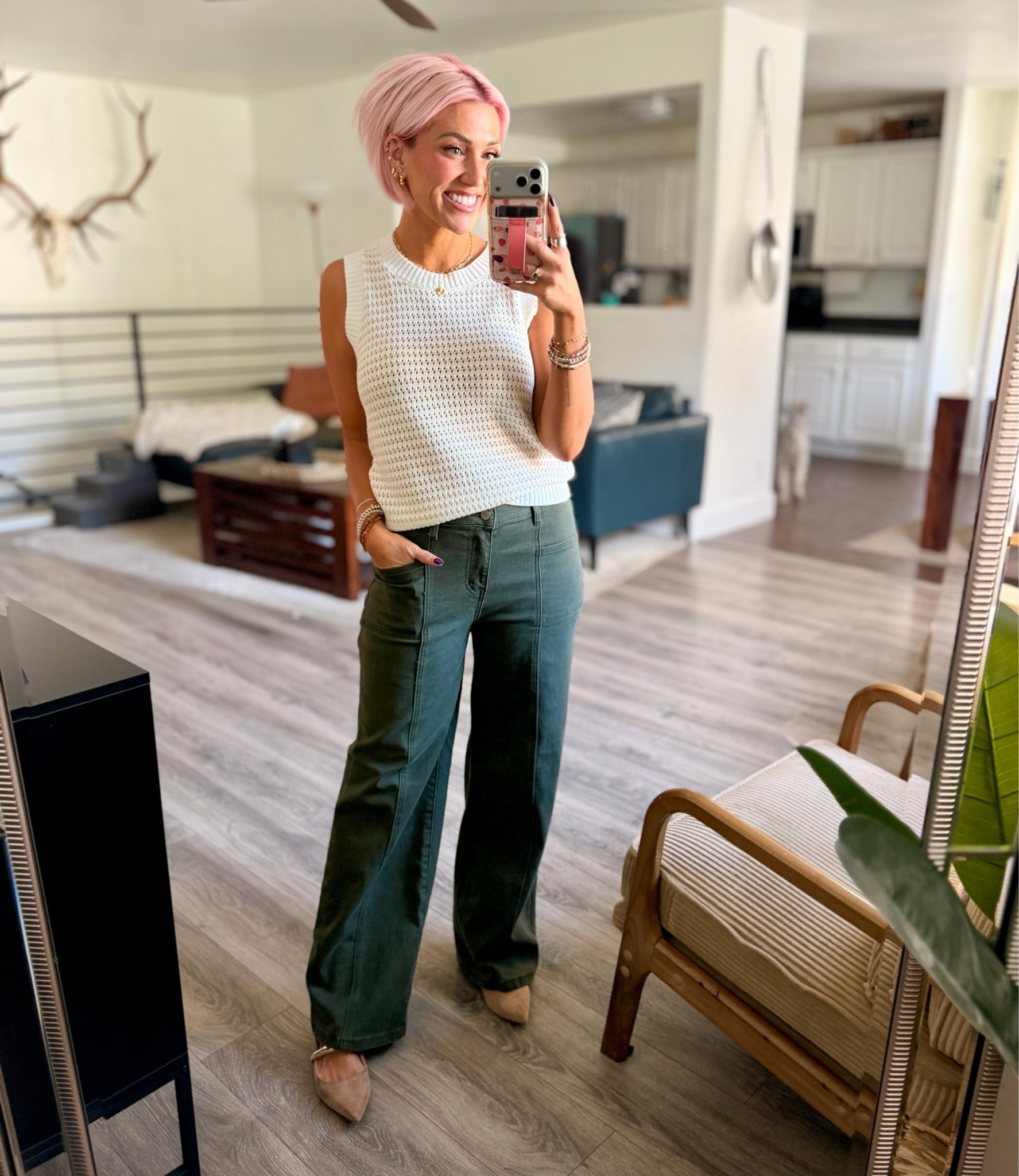 Amazon Fall ootd - cutest sweater vest, perfect for warmer fall days (I’m in the small). Absolutely smitten with these high waisted, wide leg, green jeans (wearing size 6)

#LTKootd #LTKSeasonal #LTKSaleAlert